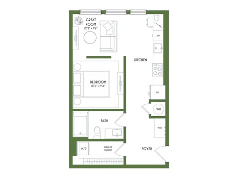 A floor plan of a small apartment with a great room, kitchen, bedroom, bathroom, foyer, and walk-in closet.